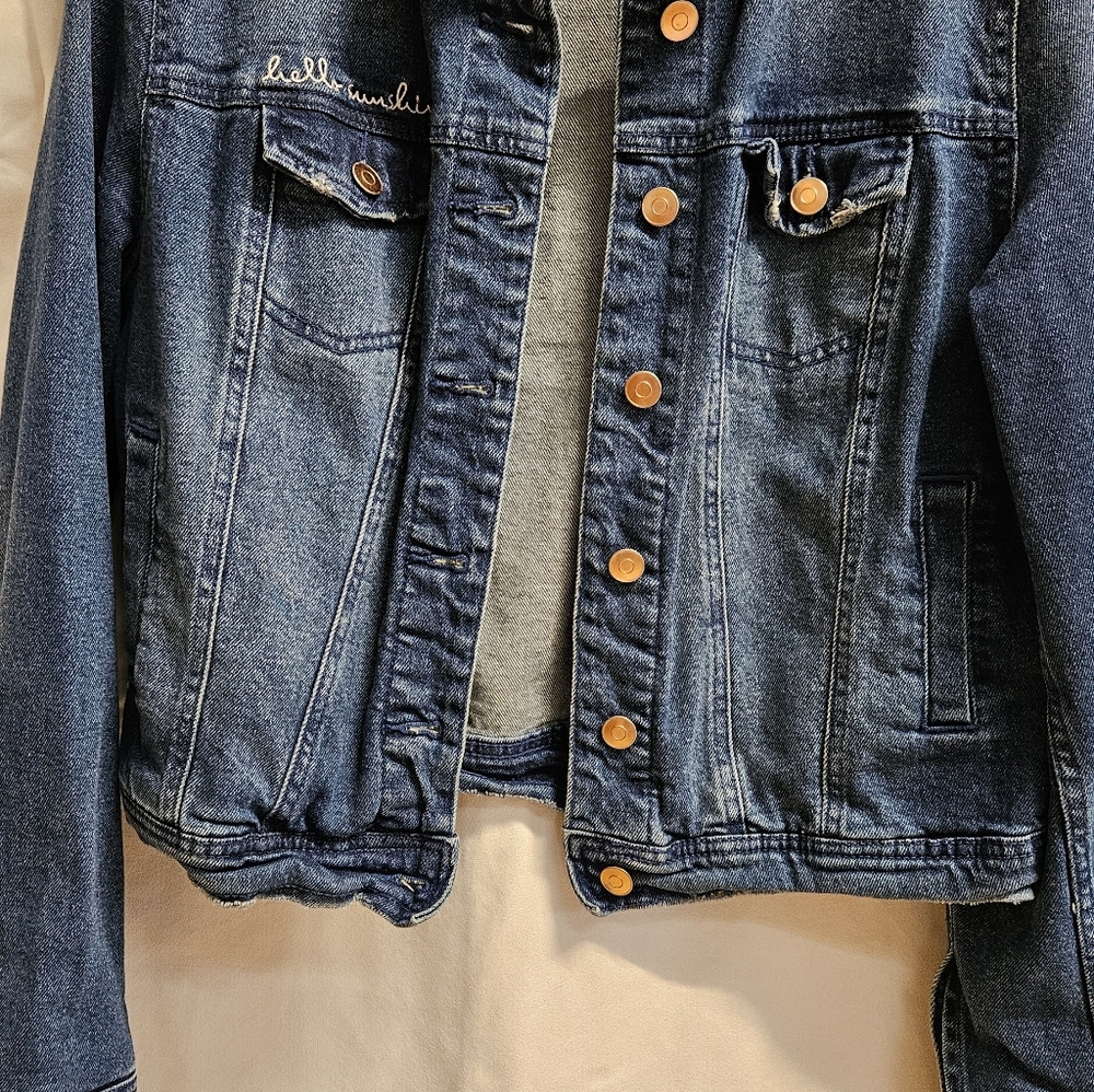 Denim Button-Up Jacket in Classic Dark Blue "Hello Sunshine"